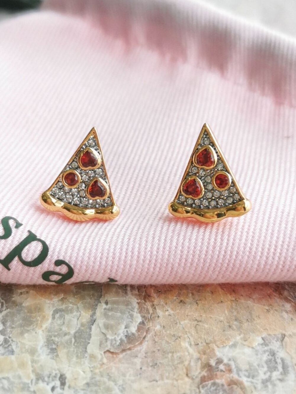 Kate Spade Pizza My Heart Stud Earrings Gold Multicolor Crystal Slice - Picture 3 of 5